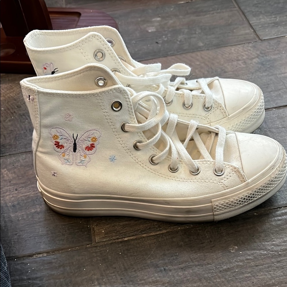 Women’s White High-Top Converse with Butterfly Design